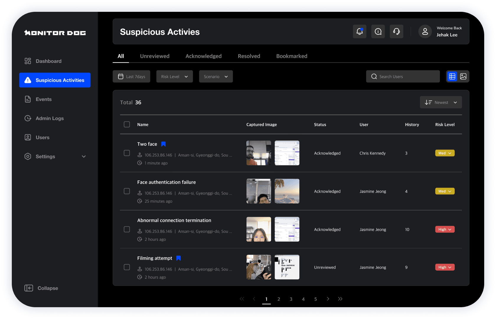 MonitorDog admin dashboard event log table recording security threat history