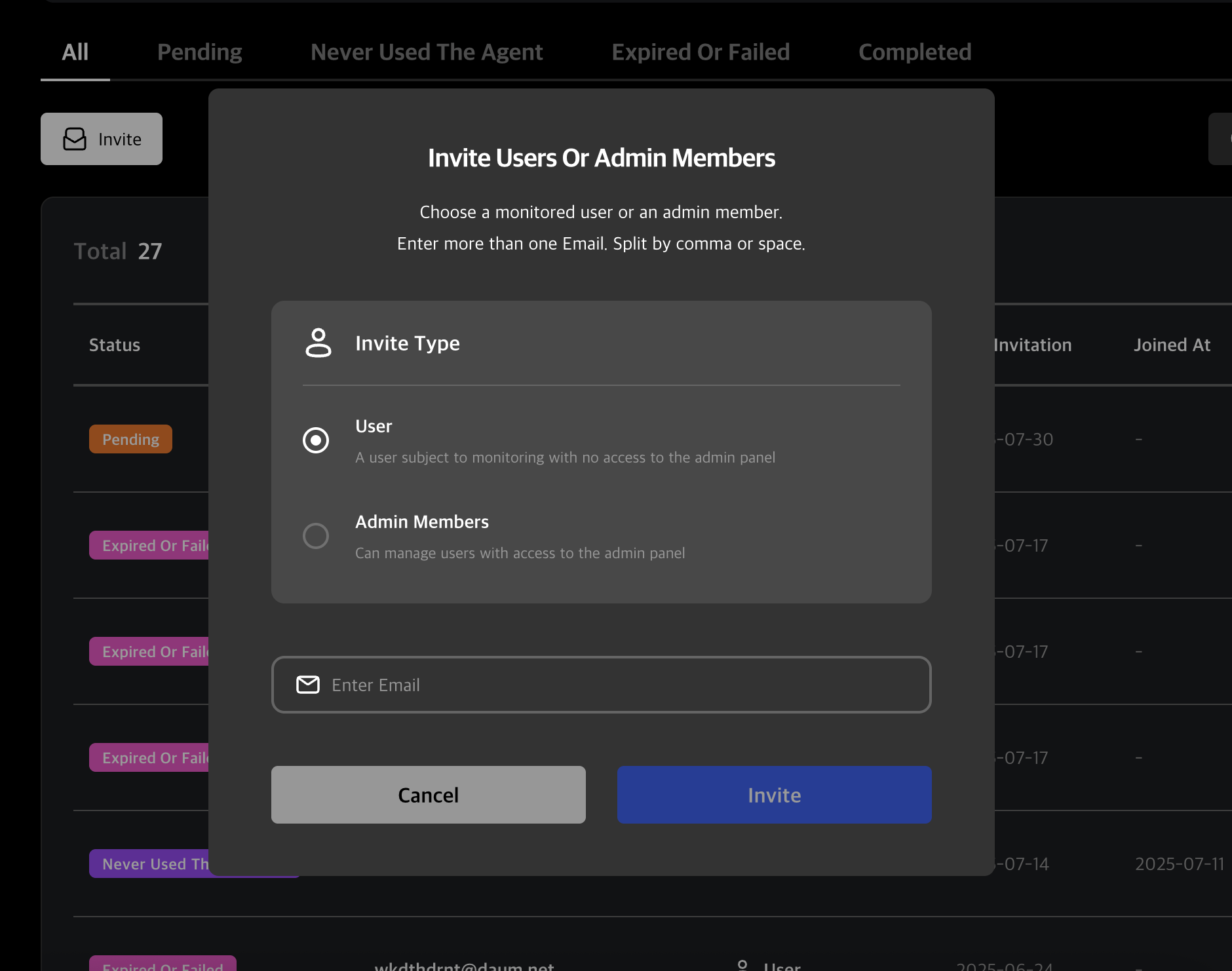어드민 유저 초대 모달