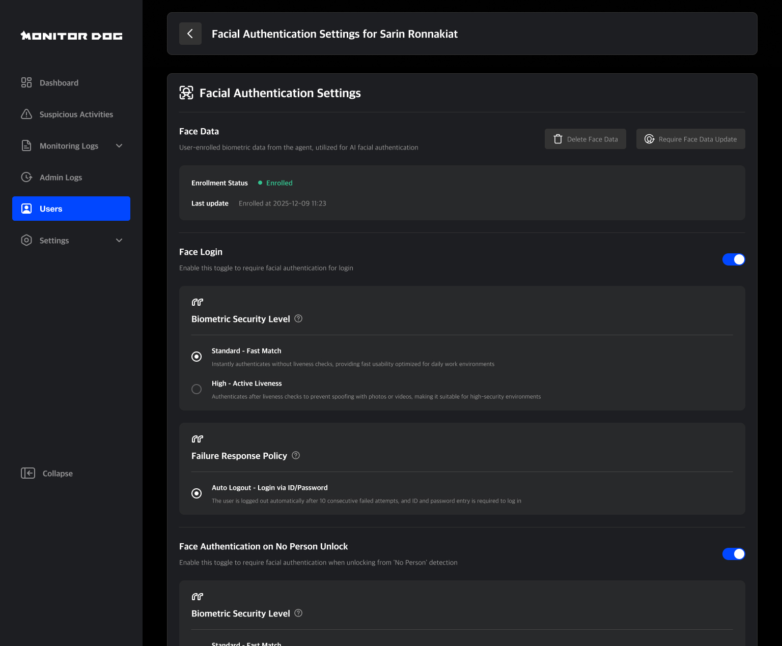 Face Authentication Setting Page
