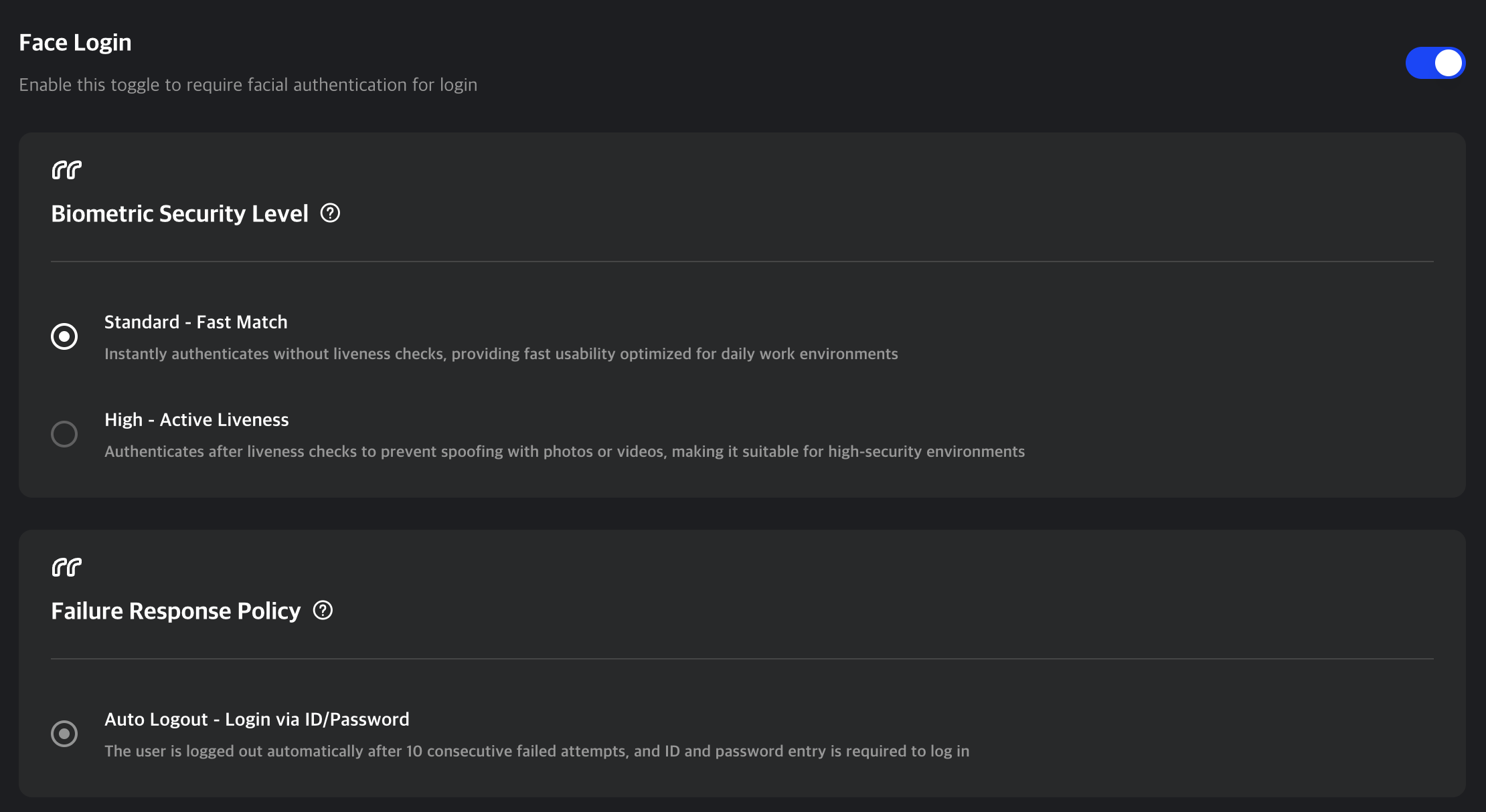 Face Authentication Login Setting Section
