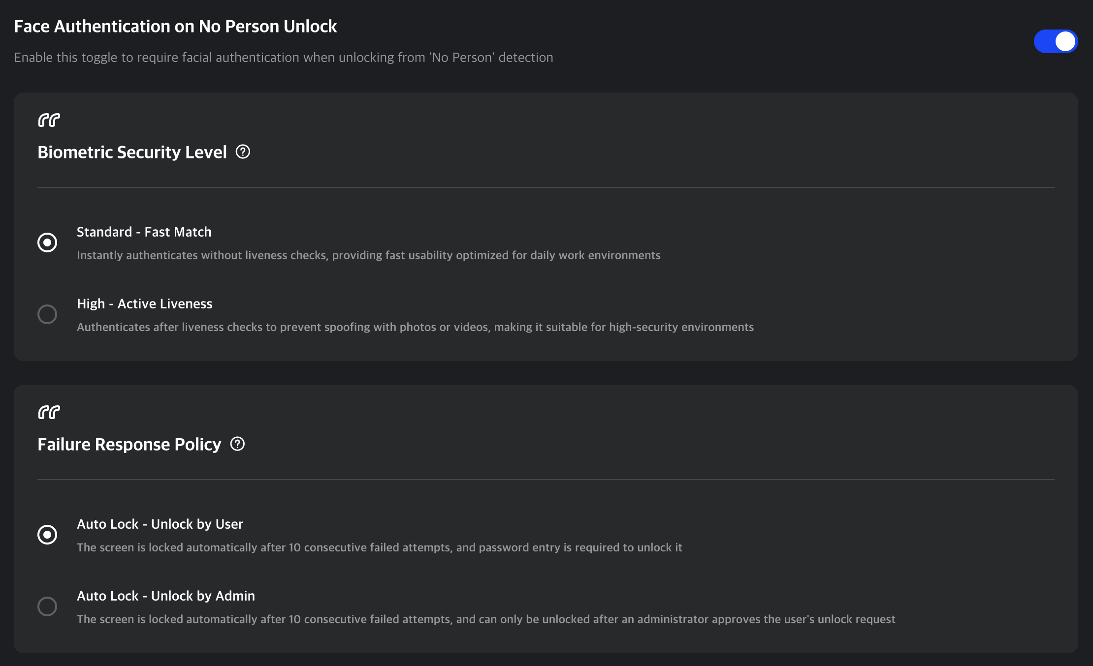 Face Authentication No Person Setting Section