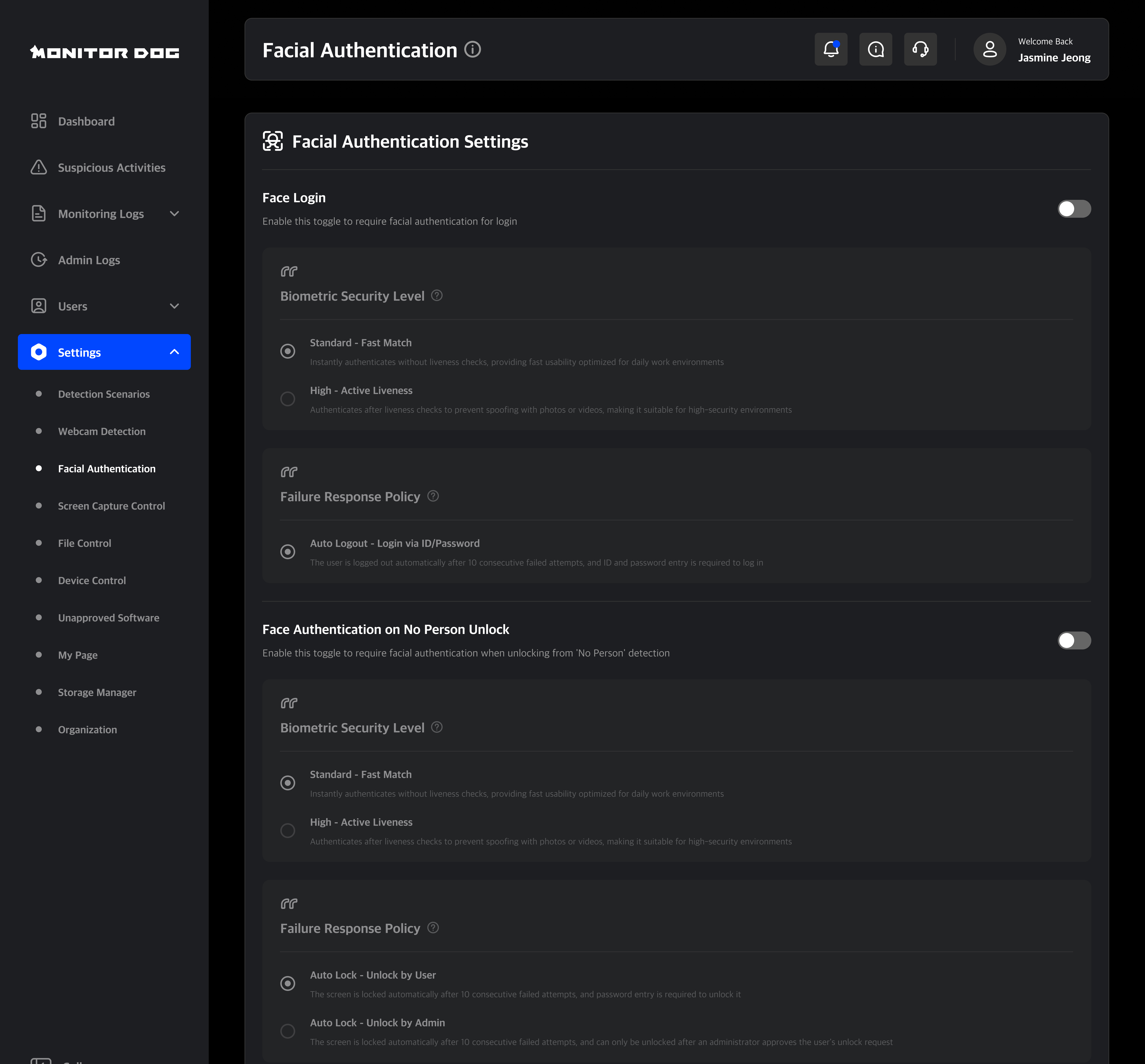 Face Authentication Setting Page